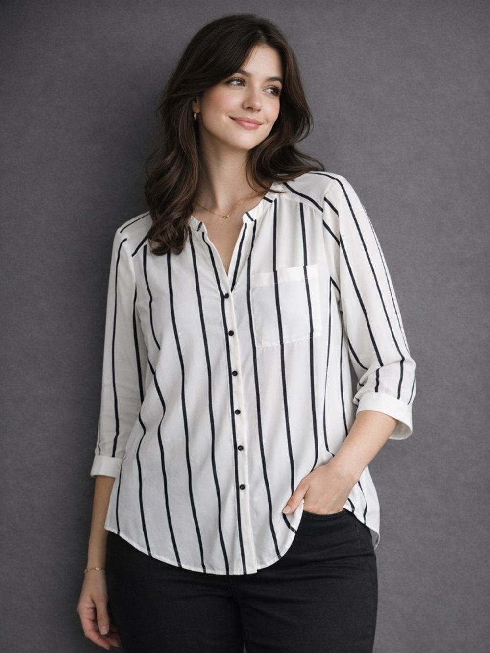 Black & White Striped Blouse Women’s Lightweight Button Front Work Top